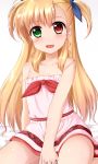  1girl bare_shoulders blonde_hair blush breasts collarbone eyebrows eyebrows_visible_through_hair green_eyes hair_ornament hair_ribbon heterochromia highres long_hair lyrical_nanoha mahou_shoujo_lyrical_nanoha_strikers mahou_shoujo_lyrical_nanoha_vivid open_mouth red_eyes ribbon shiny shiny_hair shiny_skin simple_background sitting skywalker0610 small_breasts smile solo tongue vivio white_background 