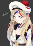  beret blonde_hair blue_eyes blue_hair commandant_teste_(kantai_collection) grey_background hat kantai_collection long_hair multicolored multicolored_clothes multicolored_hair multicolored_scarf pom_pom_(clothes) ponytail red_hair scarf signature solo streaked_hair tatsuno_(saya-tatsuno) white_hair 