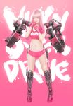  absurdres clenched_hands cover cyborg gloves highres johnson_ting long_hair looking_at_viewer midriff milky_overdrive mole mole_under_eye navel nike pink_background pink_eyes pink_hair solo 
