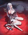  1girl 2016 black_bow black_footwear bow breasts cleavage colored_eyelashes commentary dated drag-on_dragoon drag-on_dragoon_3 flower_eyepatch from_side fur_trim grey_hair hair_bow hand_on_own_stomach highres kneehighs long_hair long_sleeves mary_janes medium_breasts mikhail_(drag-on_dragoon) navel number parted_lips ponytail pool_of_blood red_eyes reflection shoes sidelocks signature sitting sword vafar7 very_long_hair wariza weapon white_legwear zero_(drag-on_dragoon) 