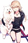  :d animal artoria_pendragon_(all) bangs belt black_ribbon black_shirt black_shorts blonde_hair breasts cleavage collarbone commentary_request dark_excalibur dog fate/grand_order fate/stay_night fate_(series) hair_ribbon hands_in_pockets highres hood hood_down hoodie hug jewelry long_hair long_sleeves looking_at_viewer navel necklace nekoremon open_mouth pendant ponytail ribbon saber_alter shirt short_shorts shorts simple_background small_breasts smile solo squatting standing white_background yellow_eyes 