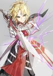  armor blonde_hair clarent fate/apocrypha fate_(series) green_eyes looking_at_viewer mordred_(fate) mordred_(fate)_(all) mura_karuki ponytail simple_background smile solo sword weapon white_background 