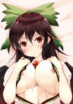  areola_slip areolae black_hair black_wings blouse bow breasts cleavage commentary_request doburoku_(daiginjou) hair_bow highres large_breasts long_hair nipples open_blouse open_clothes red_eyes reiuji_utsuho touhou underboob very_long_hair wet wet_clothes wet_hair white_blouse wings 
