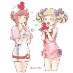  2girls blonde_hair bow buttons closed_mouth dress elise_(fire_emblem_if) eyes_closed fire_emblem fire_emblem_heroes fire_emblem_if hair_bow insarability multicolored_hair multiple_girls nintendo open_mouth pink_hair purple_bow purple_hair rubber_duck sakura_(fire_emblem_if) short_hair simple_background smile towel towel_on_head twintails twitter_username white_background 