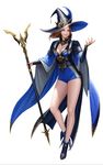  absurdres bare_legs blue_eyes blue_footwear boots breasts bridal_gauntlets brown_hair full_body hat highres holding holding_staff long_hair looking_at_viewer medium_breasts original parted_lips simple_background smile solo staff taekwon_kim white_background witch witch_hat 