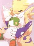  1boy 1girl artist_request blue_eyes breasts character_request digimon furry nipples renamon 