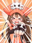  anchor blush brown_hair fingerless_gloves gloves guilty_gear hat long_hair may_(guilty_gear) orange_hat orange_shirt pirate_hat shirt skull_and_crossbones solo yoake 