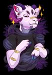  5_eyes anthro black_background caprine clothed clothing fur ghost goat hooves horn hvost male mammal simple_background smile solo spirit teeth 