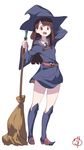  :d arm_up bangs belt blunt_bangs boots broom brown_hair collared_shirt dress eyebrows_visible_through_hair full_body gochiwa hand_behind_head hat highres holding holding_broom kagari_atsuko knee_boots legs little_witch_academia long_hair long_sleeves looking_at_viewer open_mouth red_eyes shirt short_dress sidelocks signature simple_background smile solo standing white_background wide_sleeves witch_hat 