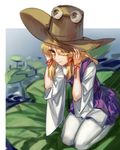  blonde_hair dress eyes_visible_through_hair hair_over_one_eye hat hug_(yourhug) lily_pad moriya_suwako seiza sitting smile touhou white_legwear wide_sleeves yellow_eyes 