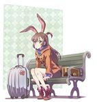  animal_ears ankle_boots bangs bench black_skirt boots box brown_coat brown_eyes brown_footwear brown_hair buckle bunny_ears bunny_girl bunny_tail coat cosplay duffel_coat half_updo han_megumi highres iesupa jacket kagari_atsuko kagari_atsuko_(cosplay) leaning_forward little_witch_academia long_hair long_sleeves looking_at_viewer luggage miniskirt rolling_suitcase rwby seiyuu_connection sitting skirt solo tail velvet_scarlatina 