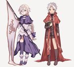  1girl amakusa_shirou_(fate) armor armored_dress blonde_hair book bow braid cape capelet chain cross fate/apocrypha fate_(series) flag full_body gauntlets green_eyes hair_bow headpiece highres holding holding_book jeanne_d'arc_(fate) jeanne_d'arc_(fate)_(all) long_hair long_sleeves looking_at_viewer open_mouth purple_bow purple_legwear red_cape single_braid smile spiked_hair thighhighs very_long_hair white_hair wowishi yellow_eyes younger 