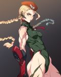  ban bare_shoulders beret blonde_hair blue_eyes braid breasts cammy_white covered_nipples earpiece green_leotard hat highres leotard long_hair looking_at_viewer medium_breasts muscle solo street_fighter 