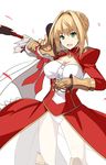  :d aestus_estus armor blonde_hair breasts epaulettes fate/extra fate_(series) gauntlets green_eyes holding holding_sword holding_weapon large_breasts nero_claudius_(fate) nero_claudius_(fate)_(all) open_mouth petals see-through shiseki_hirame shoulder_armor simple_background smile solo sword weapon white_background 