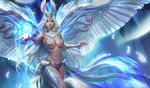  absurdres angel armor armpits bangs bikini_armor blonde_hair blue_eyes breasts closed_mouth commentary detached_collar feathers gem glowing groin headgear heart highres large_breasts league_of_angels li_miao long_hair navel orb parted_bangs realistic revealing_clothes showgirl_skirt smile solo white_wings wings 