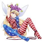  american_flag_dress american_flag_legwear armpit_peek arms_behind_head arms_up bdsm blonde_hair bondage bound bound_wrists breasts clownpiece dress fairy_wings full_body grin hat jester_cap long_hair medium_breasts microdress neck_ruff ootsuki_wataru pantyhose pantyhose_pull pink_eyes polka_dot shibari shibari_over_clothes short_sleeves sitting sketch smile solo star star_print striped touhou transparent_background wings 