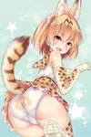  animal_ears ass bare_shoulders bent_over blonde_hair blush cameltoe check_commentary commentary commentary_request elbow_gloves extra_ears fang from_behind gloves japari_symbol kemono_friends looking_at_viewer looking_back open_mouth panties pantyshot print_legwear print_panties revision serval_(kemono_friends) serval_ears serval_print serval_tail shimokirin shirt shoes short_hair skirt sleeveless smile solo tail thighhighs trefoil underwear white_panties yellow_eyes 