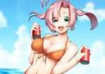  :d alternate_costume antenna_hair ayamori_mimi bikini bikini_top blue_sky breasts can cleavage cloud cloudy_sky collarbone commentary_request day green_eyes highres holding kantai_collection kinugasa_(kantai_collection) large_breasts long_hair looking_at_viewer navel open_mouth orange_bikini silver_hair sky smile soda_can solo swimsuit twintails 