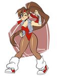  artist_request brown_eyes brown_hair fighting_stance full_body headband leotard looking_at_viewer loose_socks pantyhose ponytail pose smile sneakers solo starexorcist strapless_leotard tia_langray wink wrist_wraps 