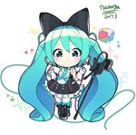  2017 aqua_eyes aqua_hair artist_name black_footwear blush boots bow buttons chibi dated dress eyebrows eyebrows_visible_through_hair gloves hair_ornament hatsune_miku headphones highres knee_boots long_hair looking_at_viewer magical_mirai_(vocaloid) microphone microphone_stand namuya_(dlcjfgns456) necktie smile solo sparkle thighhighs twintails very_long_hair vocaloid white_background wire 