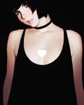  arms_at_sides black_background black_choker black_hair black_shirt blue_eyes chiaroscuro choker head_tilt heart highres ilya_kuvshinov lipgloss lips looking_at_viewer original parted_lips shirt short_hair simple_background sleeveless smile solo tank_top upper_body 