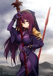  armor bangs between_breasts blush bodysuit breasts closed_mouth commentary_request covered_navel covered_nipples cowboy_shot fate/grand_order fate_(series) from_side gae_bolg highres holding holding_weapon kazuma_muramasa large_breasts long_hair looking_at_viewer looking_to_the_side pauldrons purple_bodysuit purple_hair red_eyes scathach_(fate)_(all) scathach_(fate/grand_order) shoulder_armor smile solo veil weapon 