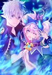  1girl ;d blue blue_eyes blue_hair buckle chiliarch_(elsword) ciel_(elsword) coat cravat crown dreadlord_(elsword) elsword hair_ornament hairclip highres hood horns lium long_hair looking_at_viewer luciela_r._sourcream mini_crown multicolored_hair one_eye_closed open_mouth pale_skin pointy_ears smile streaked_hair twintails two-tone_hair v white_hair 