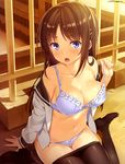  :o absurdres arm_support artist_name black_legwear blue_bra blue_eyes blue_panties bow bow_bra bow_panties bra breasts brown_hair cleavage collarbone dengeki_moeou eyebrows_visible_through_hair fingernails hair_ornament hairclip highres lace lace-trimmed_bra lace-trimmed_panties large_breasts loafers long_hair looking_at_viewer navel no_pants open_clothes open_mouth open_shirt outdoors panties pantyhose pantyhose_pull scan shiny shiny_skin shirt shoes sitting sleeves_past_wrists solo strap_pull underwear undressing v-shaped_eyebrows wariza yuuki_hagure 