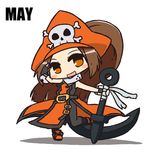  anchor belt blush brown_eyes brown_hair fingerless_gloves gloves guilty_gear hat highres kidoriyacats long_hair may_(guilty_gear) orange_hat orange_shirt pirate pirate_hat shirt skull_and_crossbones smile solo 