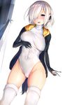  :d absurdres alternate_costume arm_at_side bird_tail black_gloves black_jacket blue_eyes blush breast_lift breasts cameltoe cosplay covered_navel cowboy_shot drawstring dutch_angle emperor_penguin_(kemono_friends) emperor_penguin_(kemono_friends)_(cosplay) eyes_visible_through_hair gloves groin hair_ornament hair_over_one_eye hairclip hamakaze_(kantai_collection) headphones highleg highleg_leotard highres jacket kantai_collection kemono_friends kemonomimi_mode large_breasts leotard looking_at_viewer mirror nironiro open_clothes open_jacket open_mouth shiny shiny_skin short_hair silver_hair simple_background skin_tight smile solo tail thighhighs unaligned_breasts v white_background white_legwear white_leotard 