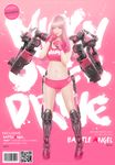  absurdres barcode clenched_hands cover cyborg english fake_cover gloves highres johnson_ting long_hair looking_at_viewer midriff milky_overdrive mole mole_under_eye navel nike pink_background pink_eyes pink_hair qr_code solo watermark web_address 