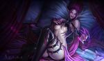  absurdres artist_name bare_shoulders black_legwear breast_suppress breasts claws commentary curtains evelynn glowing glowing_eyes hair_up highres league_of_legends licking_lips long_pointy_ears looking_at_viewer medium_breasts naughty_face pillow pink_eyes pointy_ears purple_hair realistic sitting solo spikes taekwon_kim thigh_strap thighhighs tongue tongue_out watermark web_address 