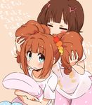  amami_haruka beads blue_eyes brown_hair ekusiregaia hair_ornament orange_hair pajamas pillow tagme takatsuki_yayoi 