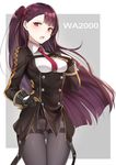  blush character_name cowboy_shot crotch_seam girls_frontline gloves long_hair looking_at_viewer luse_maonang necktie one_side_up pantyhose purple_hair red_eyes skirt skirt_lift solo thigh_gap thighband_pantyhose underbust very_long_hair wa2000_(girls_frontline) 