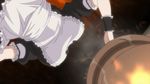  1girl airi_(queen&#039;s_blade) animated animated_gif breasts cleavage close-up cooking female from_below large_breasts long_hair maid navel nipples nude panties queen&#039;s_blade red_hair solo topless trembling twintails underwear white_underwear 