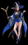  absurdres bare_legs black_background blue_eyes blue_footwear boots breasts bridal_gauntlets brown_hair commentary full_body hat highres holding holding_staff long_hair looking_at_viewer medium_breasts original parted_lips simple_background smile solo staff taekwon_kim witch witch_hat 
