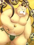  2015 anthro belly horn humanoid_hands lako male mammal moobs navel nipples overweight overweight_male simple_background solo ursid yellow_background 