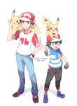  ;d age_difference animal animal_on_head animal_on_shoulder anniversary baseball_cap black_hair brown_eyes brown_hair capri_pants copyright_name denim gen_1_pokemon hand_in_pocket hat highres holding holding_poke_ball jeans male_focus mei_(maysroom) multiple_boys on_head one_eye_closed open_mouth pants pikachu poke_ball poke_ball_(generic) pokemon pokemon_(anime) pokemon_(creature) pokemon_(game) pokemon_on_head pokemon_on_shoulder pokemon_sm pokemon_sm_(anime) raglan_sleeves red_(pokemon) satoshi_(pokemon) shadow shirt shoes signature simple_background smile sneakers striped striped_shirt t-shirt v white_background z-ring 