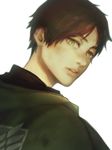  artist_name brown_hair cape emblem eren_yeager eyebrows green_eyes lips looking_at_viewer looking_back male_focus paradis_military_uniform parted_lips rosel-d shingeki_no_kyojin signature simple_background solo survey_corps_(emblem) white_background 