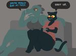  anthro bea_(nitw) big_breasts breasts butt cat cleavage clothed clothing controller dialogue duo english_text feline female game_controller lizard mae_(nitw) mammal night_in_the_woods reptile scalie text unknown_artist 