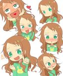  1girl :d @_@ absurdres animal_print bangs blush blush_stickers bohegao brown_hair bunny_print drooling expressions face fingers_together flying_sweatdrops forehead green_eyes hair_ornament hairclip hand_on_own_cheek heart heart_in_mouth highres kobayashi-san_chi_no_maidragon long_hair multiple_views o_o open_mouth pointing pointing_at_viewer saikawa_riko saliva shiny shirt simple_background smile swept_bangs tears triangle_mouth wavy_mouth white_background wide-eyed yamato_(muchuu_paradigm) 