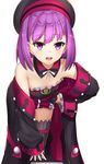 bare_shoulders black_legwear blush detached_sleeves fate/grand_order fate_(series) flat_chest hat helena_blavatsky_(fate/grand_order) leaning_forward looking_at_viewer open_mouth p!nta purple_eyes purple_hair short_hair smile solo strapless thighhighs tree_of_life 
