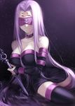  bare_shoulders black_dress black_legwear blindfold breast_hold breasts cleavage collar collarbone commentary_request detached_sleeves dress facial_mark facing_viewer fate/stay_night fate_(series) forehead_mark hair_intakes large_breasts long_hair nail purple_hair rider short_dress smile solo strapless strapless_dress thighhighs very_long_hair wowishi 