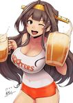  ;d ahoge alternate_costume ao_madoushi beer_mug black_eyes blush breasts brown_hair cleavage collarbone commentary_request covered_navel cowboy_shot cup drinking_glass hairband headgear highres holding holding_cup hooters kantai_collection kongou_(kantai_collection) large_breasts long_hair looking_at_viewer one_eye_closed open_mouth short_shorts shorts side_slit sidelocks smile solo tank_top teeth v-shaped_eyebrows 