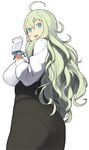  @_@ accio ahoge blue_eyes breasts from_behind gloves green_hair huge_breasts long_hair looking_at_viewer looking_back open_mouth original pantylines simple_background solo underbust uneri_spirala very_long_hair wavy_hair white_background white_gloves 