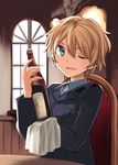  blonde_hair blue_eyes bottle brave_witches looking_at_viewer military military_uniform one_eye_closed open_mouth short_hair solo tsuchii_(ramakifrau) uniform waltrud_krupinski wine_bottle world_witches_series 
