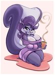  &lt;3 2017 anthro big_breasts breasts cleavage clothed clothing coffee_cup female fifi_la_fume fluffy fluffy_tail hair holding_object joelasko kneeling looking_at_viewer mammal purple_hair simple_background skunk smile solo sweater tiny_toon_adventures warner_brothers white_background 