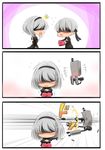  1boy 1girl 3koma black_dress black_gloves blindfold blush box breasts chibi chocolate chocolate_heart comic commentary couple dress flying_sweatdrops gift gift_box gloves hairband heart heart-shaped_box holding holding_gift long_sleeves nier_(series) nier_automata open_mouth pod_(nier_automata) setia_pradipta short_hair silver_hair sword valentine weapon white_hair yorha_no._2_type_b yorha_no._9_type_s 