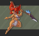  2017 anthro big_breasts breasts cleavage clothed clothing female joelasko mammal melee_weapon muscular muscular_female navel polearm skimpy solo spear unknown_species weapon 