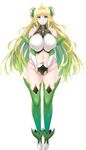  ahoge aoi_nagisa_(metalder) black_gloves blonde_hair blue_eyes breasts covered_nipples detached_sleeves elf flower full_body gloves gradient_hair green_hair green_legwear hair_flower hair_ornament hands_together highres huge_breasts long_hair looking_at_viewer lucy_menelumia multicolored_hair navel pointy_ears simple_background smile solo thighhighs thong v_arms very_long_hair white_background youkoso!_sukebe_elf_no_mori_e 